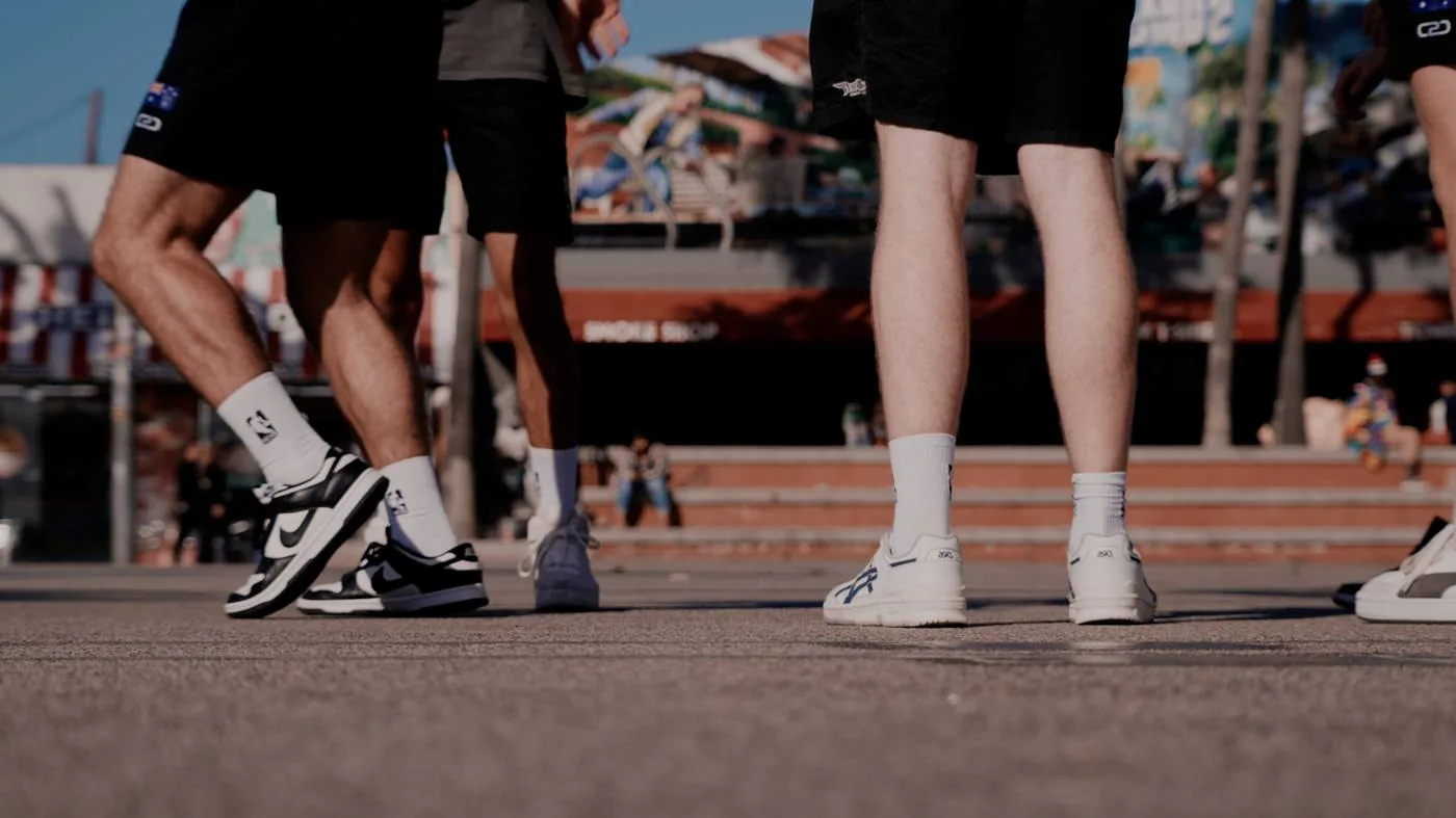 Close-up of basketball shoes at Venice Beach